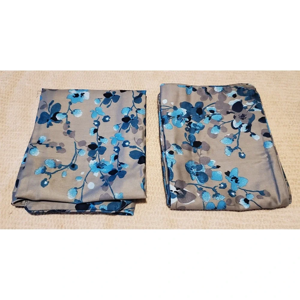 Alamode Home Blue Floral Cotton Pillowcase Set of 2 Taupe Grey Piped Standard
